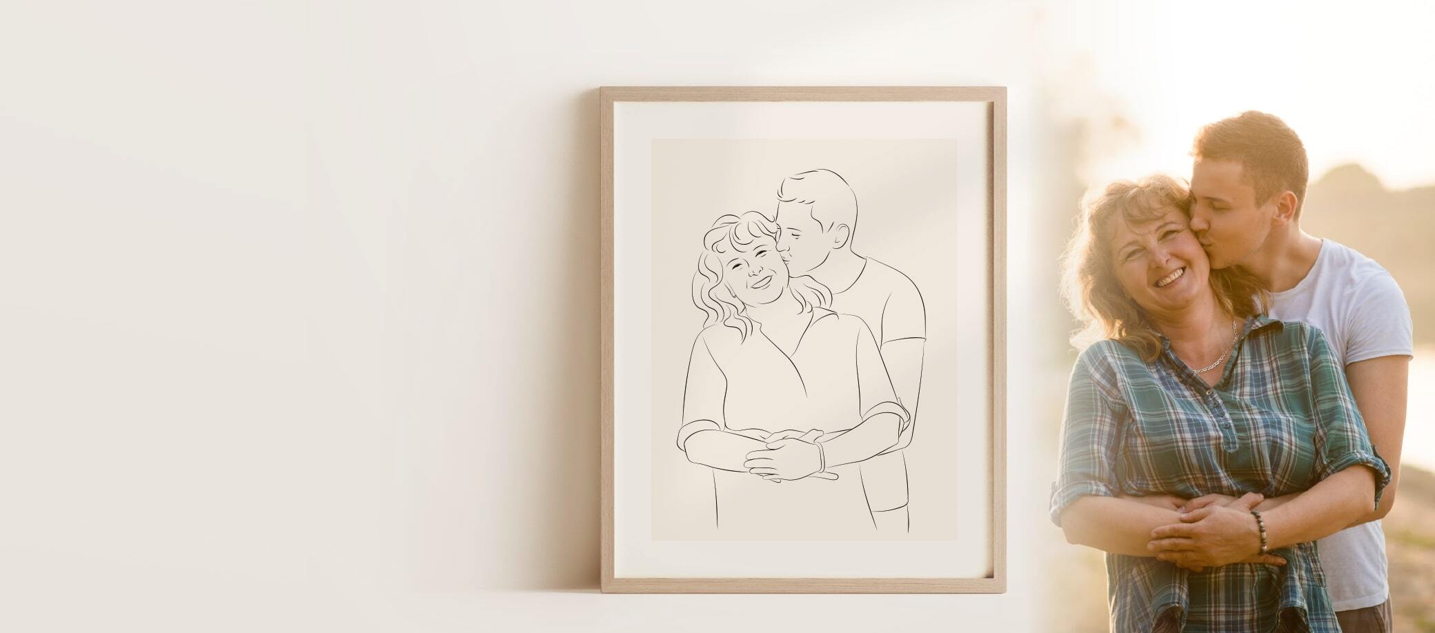 Eine Line Art Zeichnung einer Mutter mit ihrem Sohn als Geschenkidee zum Geburstag