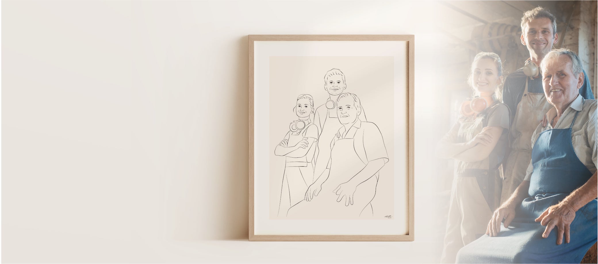 Disegno Line Art di un team di falegnameria con colleghi giovani e anziani