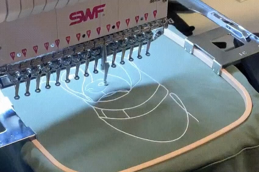 GIF-animation af personligt hoodie-broderi på SWF-broderimaskine