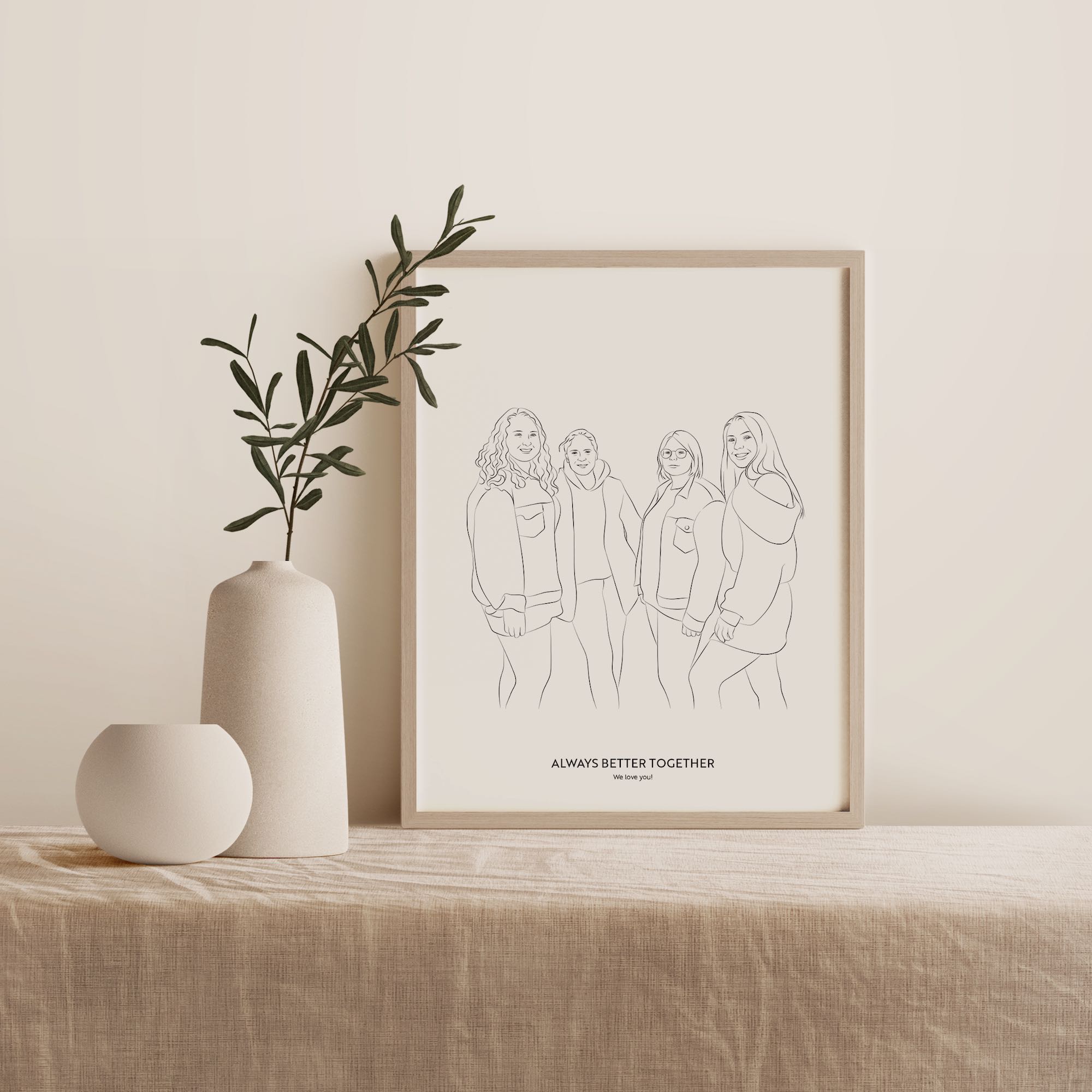 Line Art Illustration einer Gruppe von vier Freundinnen