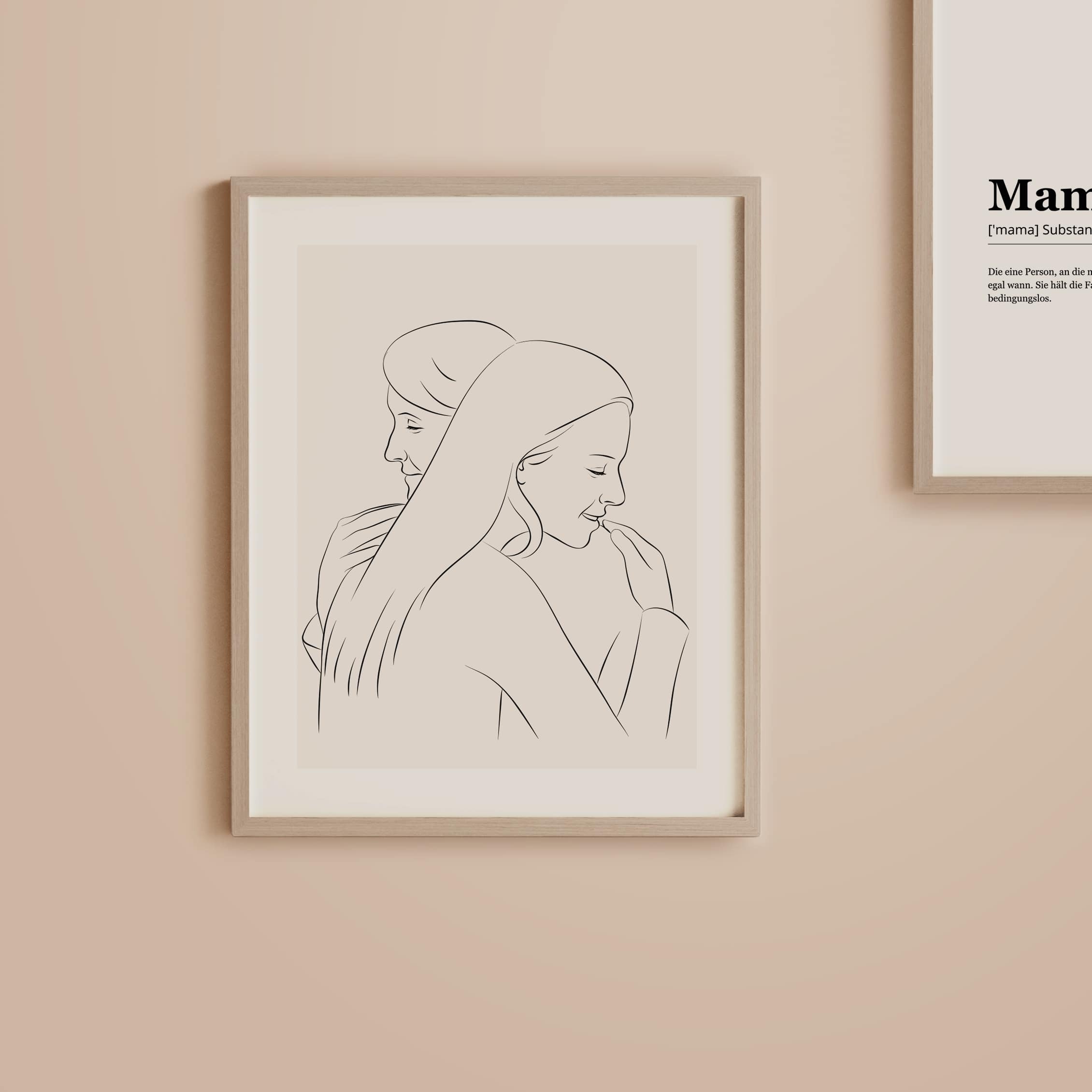 Mor omfavner datter, illustreret i Line Art